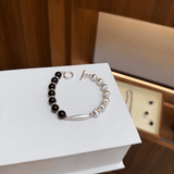 Half & Half Black Ebony Wood & Brushed Sterling Silver Beaded Bracelet - floysun