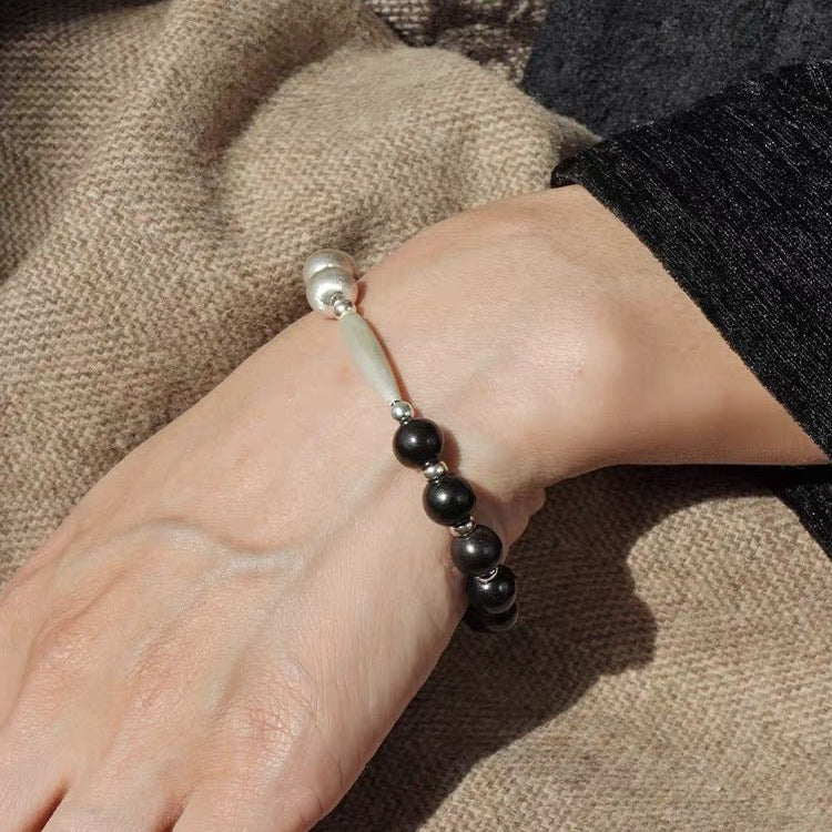 Half & Half Black Ebony Wood & Brushed Sterling Silver Beaded Bracelet - floysun