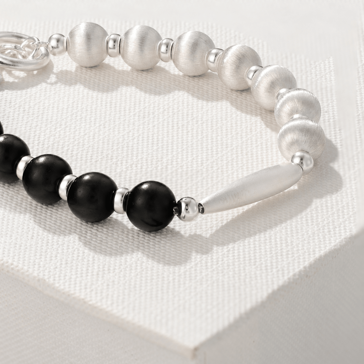 Half & Half Black Ebony Wood & Brushed Sterling Silver Beaded Bracelet - floysun