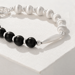 Half & Half Black Ebony Wood & Brushed Sterling Silver Beaded Bracelet - floysun