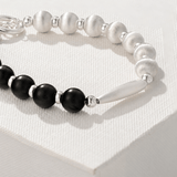 Half & Half Black Ebony Wood & Brushed Sterling Silver Beaded Bracelet - floysun
