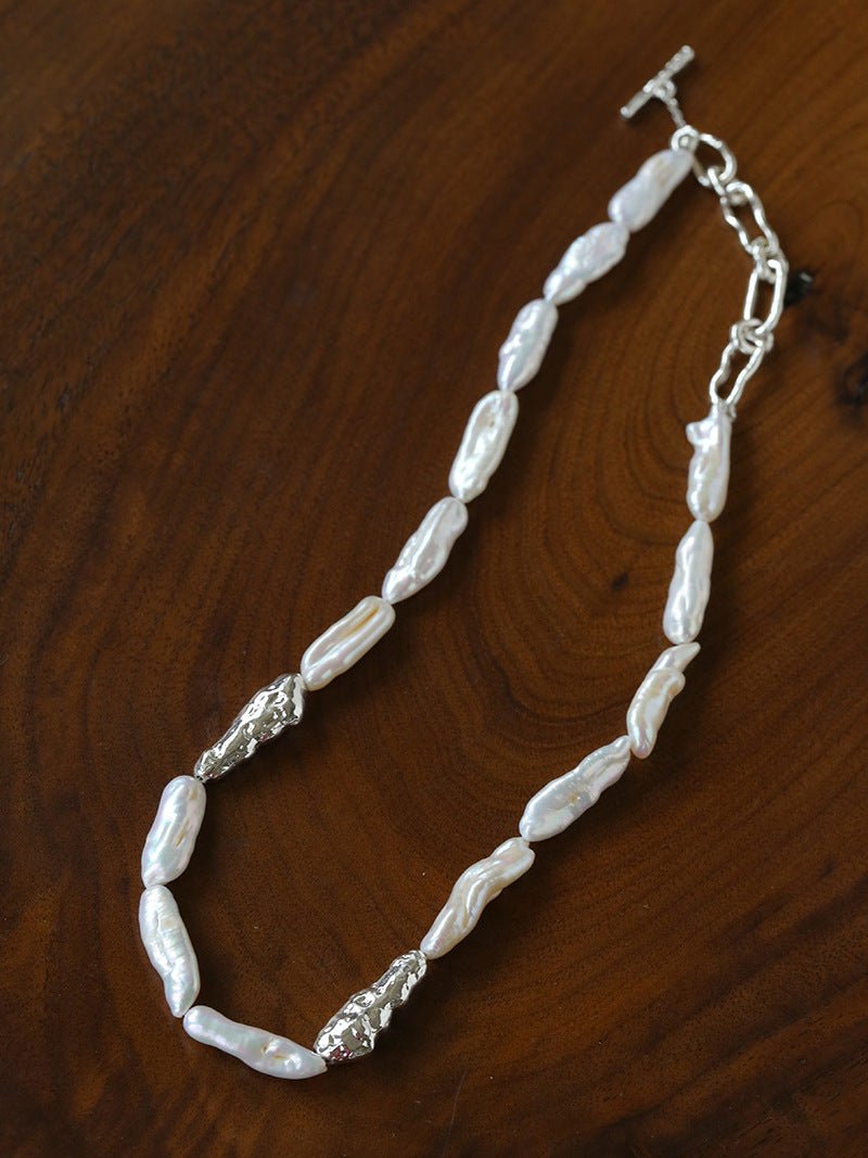 Hammered Textured Metal Spacer Baroque Toothpick Pearl Necklace - floysun