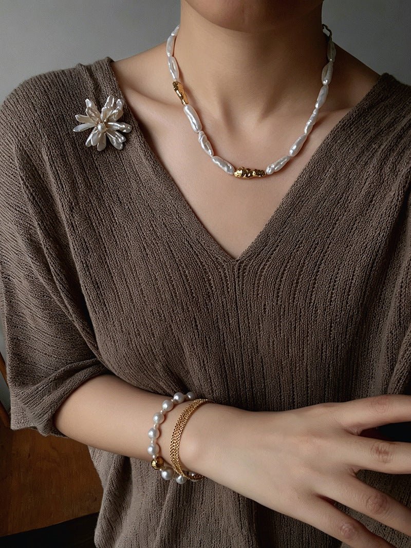 Hammered Textured Metal Spacer Baroque Toothpick Pearl Necklace - floysun