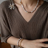 Hammered Textured Metal Spacer Baroque Toothpick Pearl Necklace - floysun