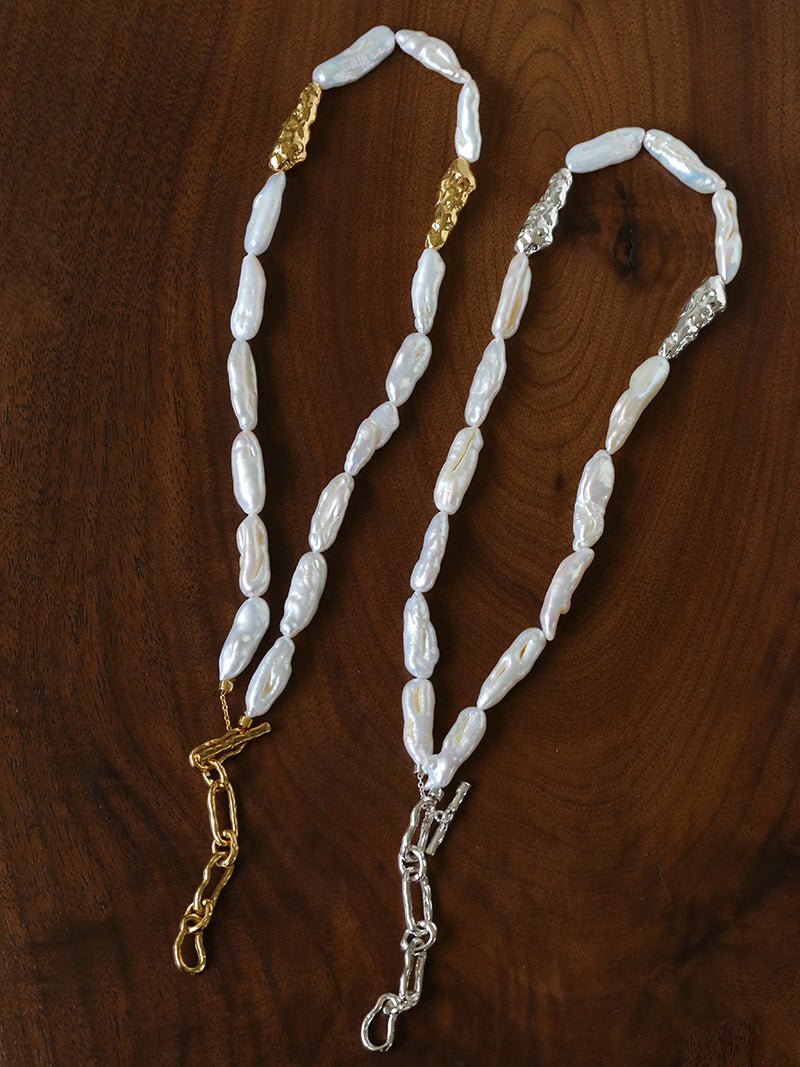 Hammered Textured Metal Spacer Baroque Toothpick Pearl Necklace - floysun