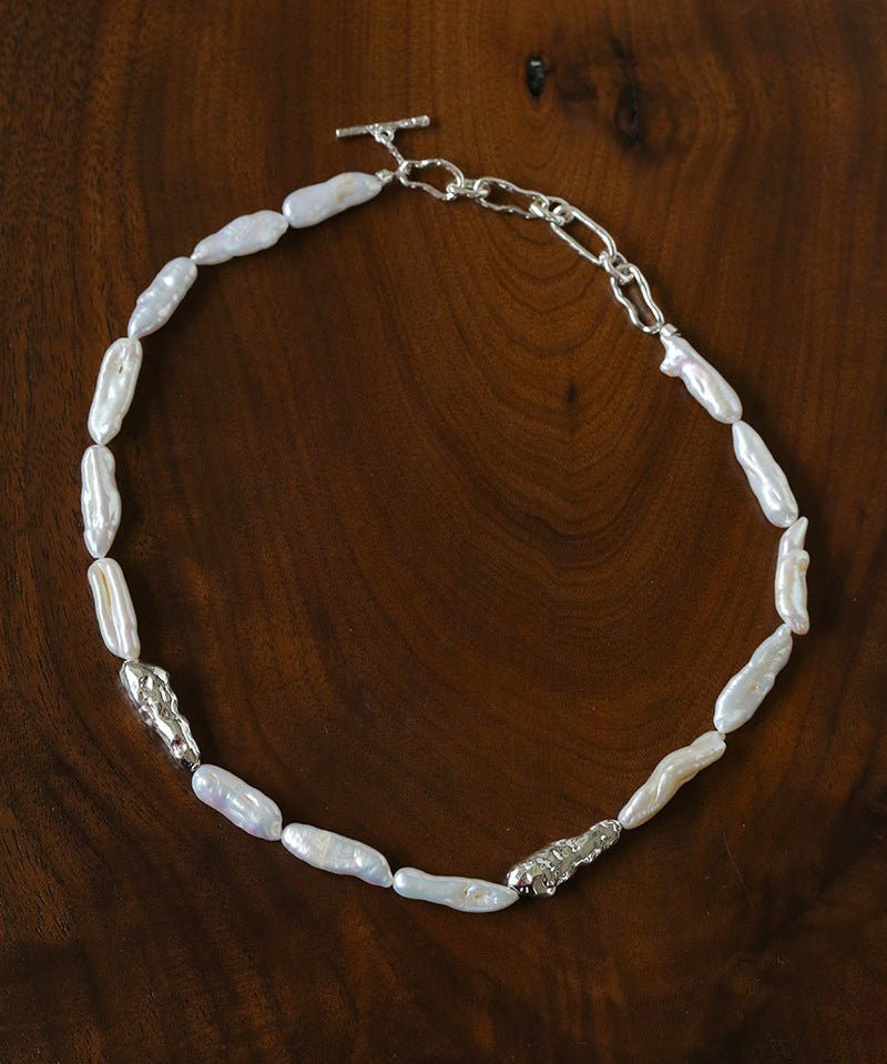Hammered Textured Metal Spacer Baroque Toothpick Pearl Necklace - floysun