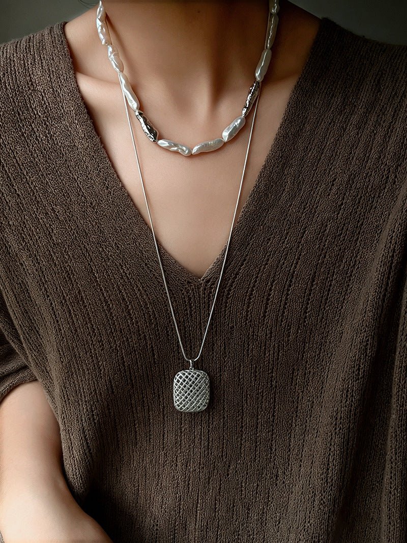 Hammered Textured Metal Spacer Baroque Toothpick Pearl Necklace - floysun