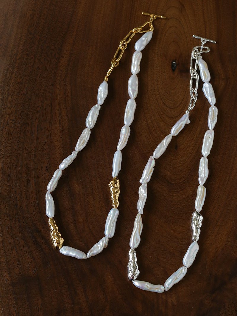 Hammered Textured Metal Spacer Baroque Toothpick Pearl Necklace - floysun