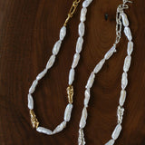 Hammered Textured Metal Spacer Baroque Toothpick Pearl Necklace - floysun