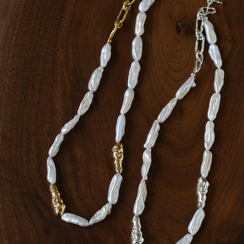 Hammered Textured Metal Spacer Baroque Toothpick Pearl Necklace - floysun
