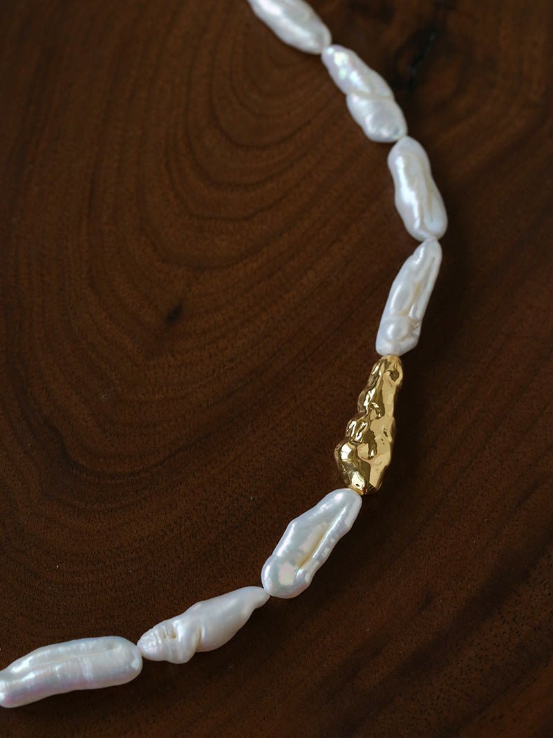 Hammered Textured Metal Spacer Baroque Toothpick Pearl Necklace - floysun
