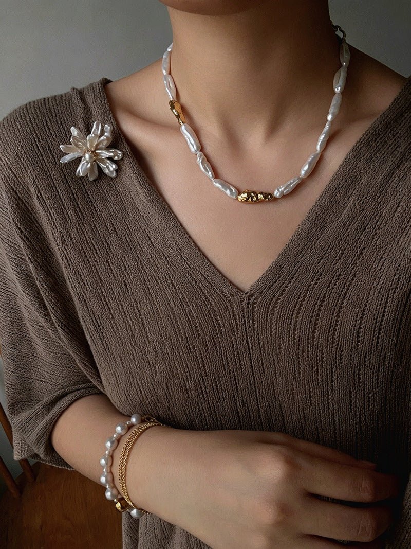 Hammered Textured Metal Spacer Baroque Toothpick Pearl Necklace - floysun