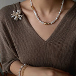 Hammered Textured Metal Spacer Baroque Toothpick Pearl Necklace - floysun