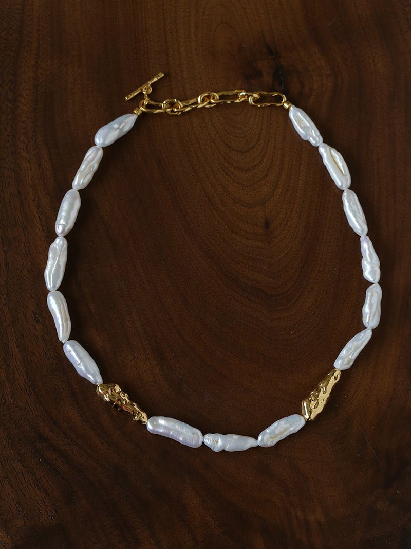 Hammered Textured Metal Spacer Baroque Toothpick Pearl Necklace - floysun