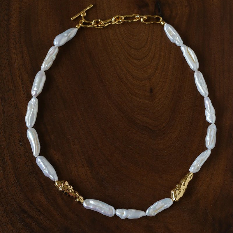 Hammered Textured Metal Spacer Baroque Toothpick Pearl Necklace - floysun