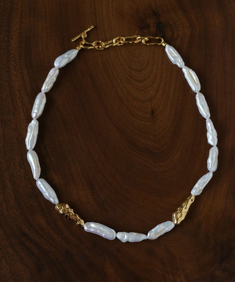 Hammered Textured Metal Spacer Baroque Toothpick Pearl Necklace - floysun