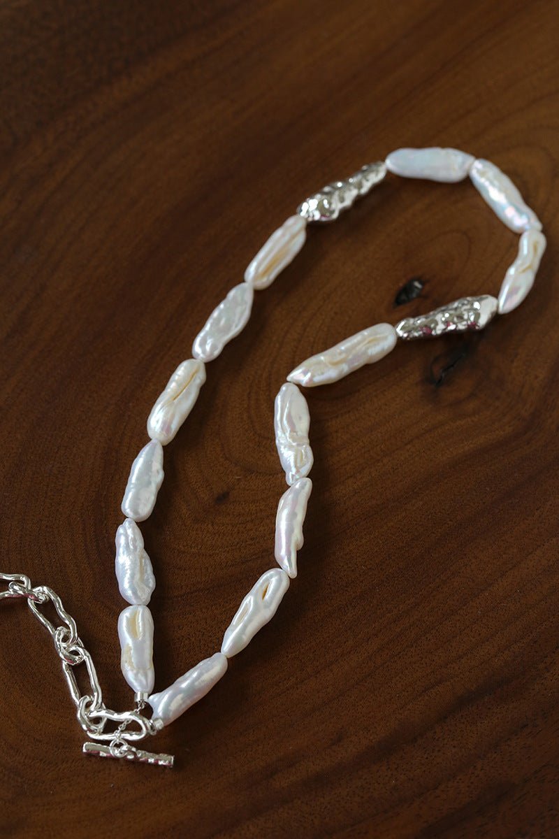 Hammered Textured Metal Spacer Baroque Toothpick Pearl Necklace - floysun