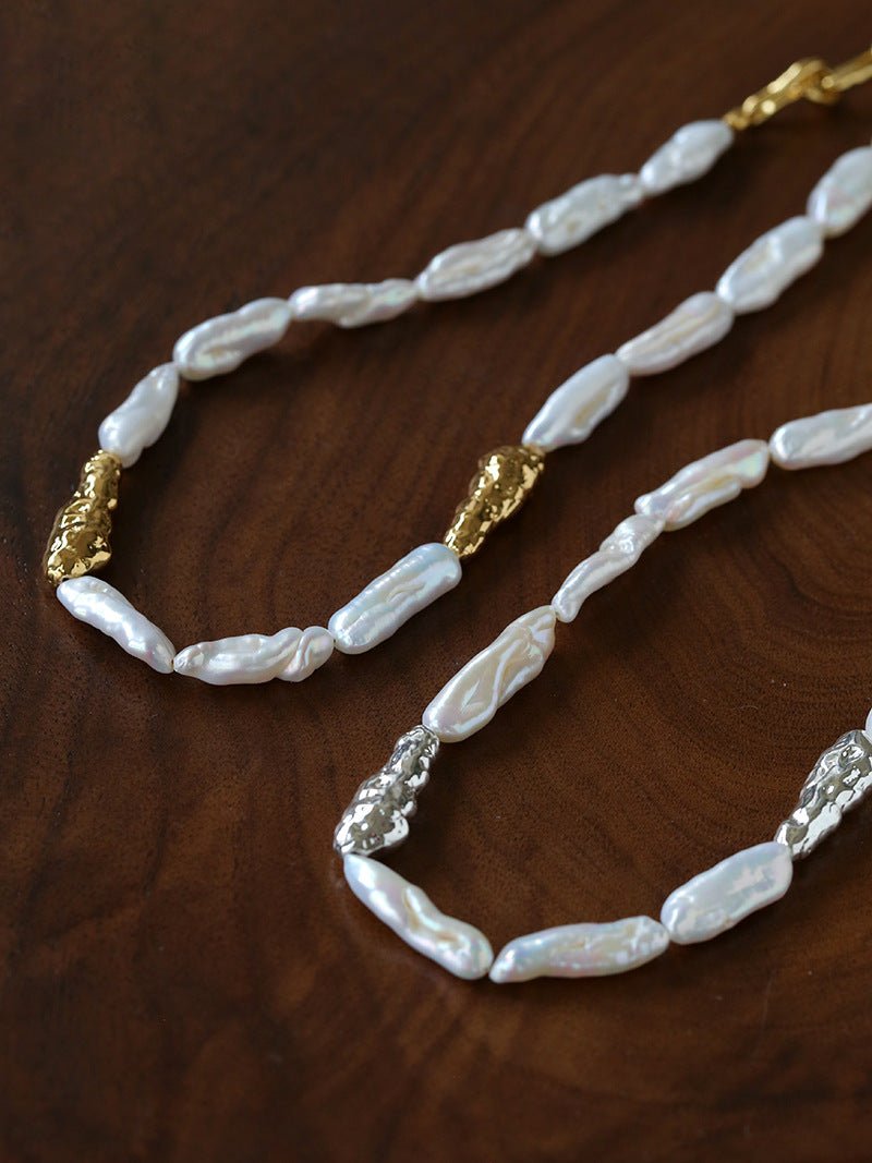 Hammered Textured Metal Spacer Baroque Toothpick Pearl Necklace - floysun