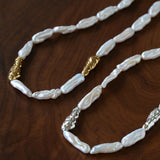 Hammered Textured Metal Spacer Baroque Toothpick Pearl Necklace - floysun