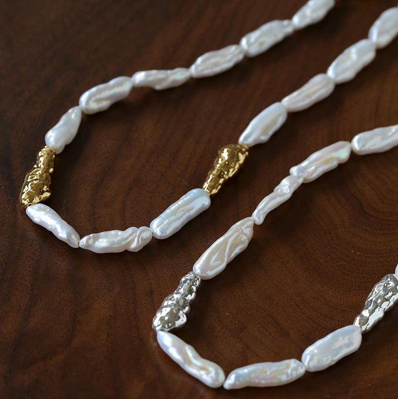 Hammered Textured Metal Spacer Baroque Toothpick Pearl Necklace - floysun