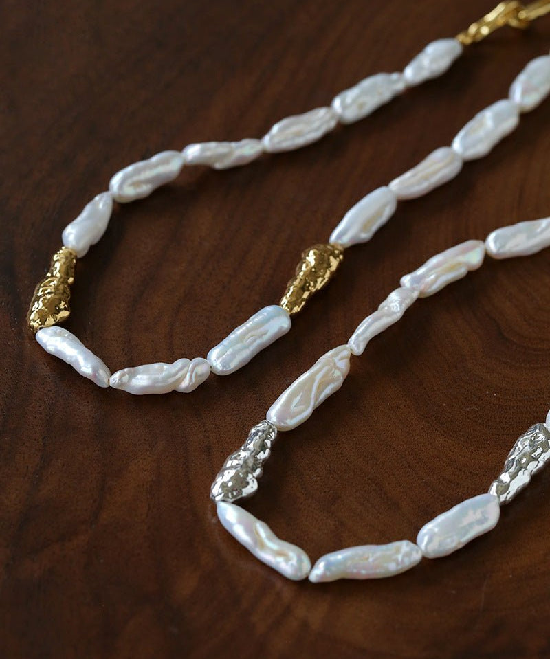 Hammered Textured Metal Spacer Baroque Toothpick Pearl Necklace - floysun