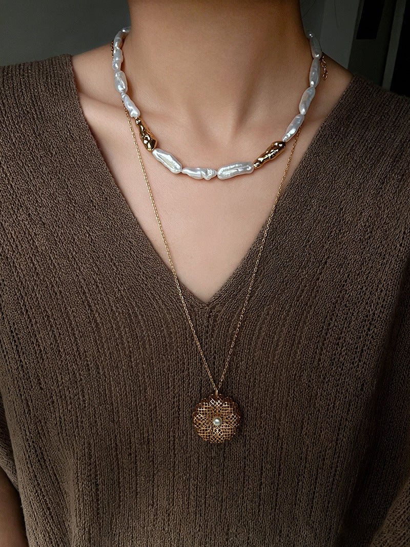 Hammered Textured Metal Spacer Baroque Toothpick Pearl Necklace - floysun