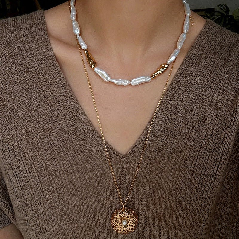 Hammered Textured Metal Spacer Baroque Toothpick Pearl Necklace - floysun