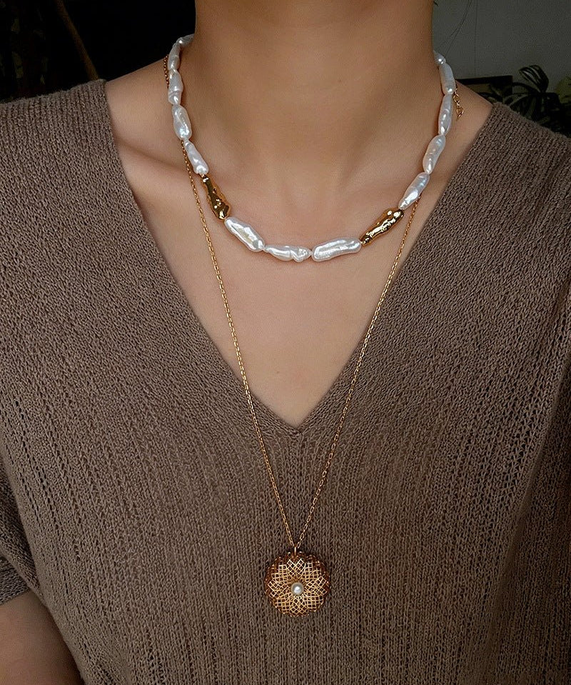 Hammered Textured Metal Spacer Baroque Toothpick Pearl Necklace - floysun