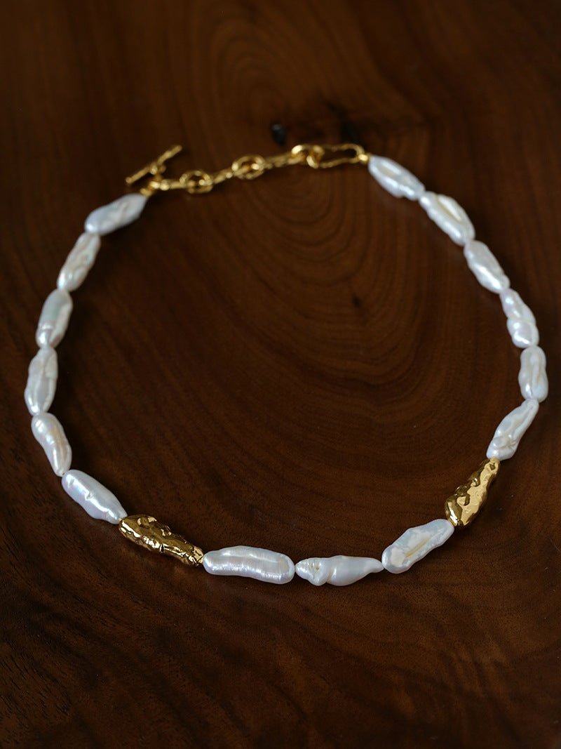 Hammered Textured Metal Spacer Baroque Toothpick Pearl Necklace - floysun