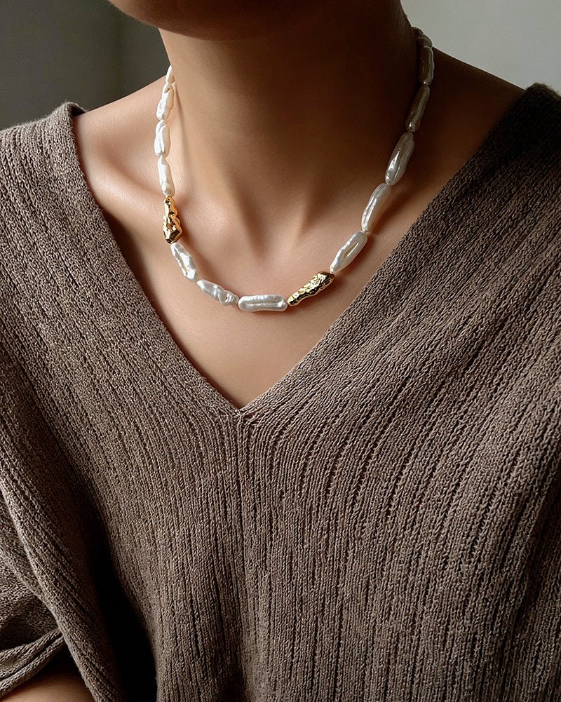 Hammered Textured Metal Spacer Baroque Toothpick Pearl Necklace - floysun