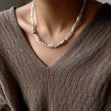 Hammered Textured Metal Spacer Baroque Toothpick Pearl Necklace - floysun