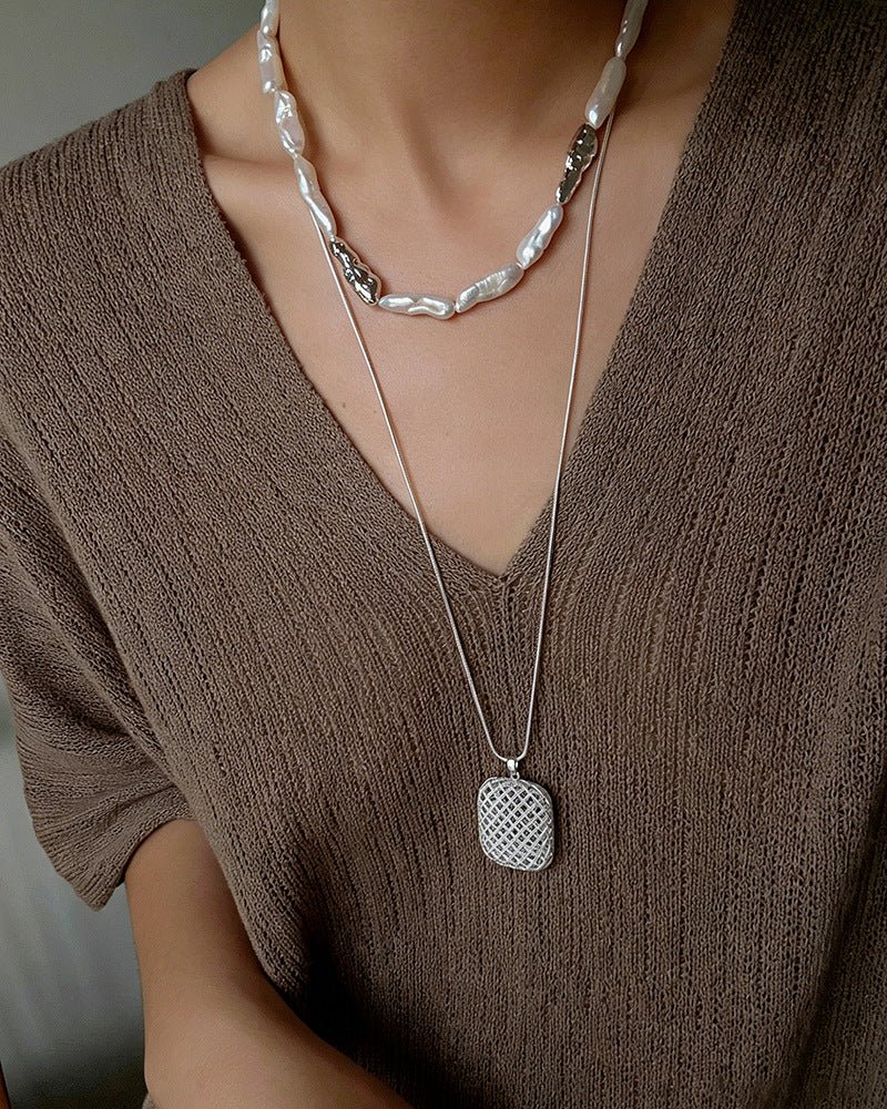 Hammered Textured Metal Spacer Baroque Toothpick Pearl Necklace - floysun