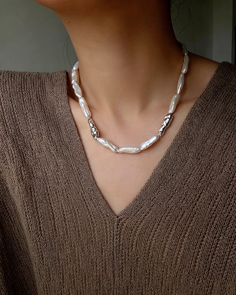 Hammered Textured Metal Spacer Baroque Toothpick Pearl Necklace - floysun