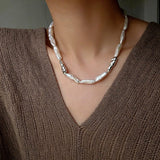 Hammered Textured Metal Spacer Baroque Toothpick Pearl Necklace - floysun