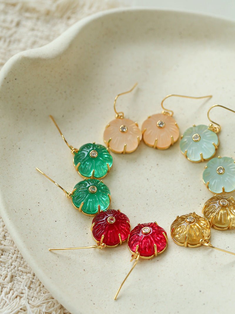 Hand - Carved Glass Flower Drop Earrings - floysun