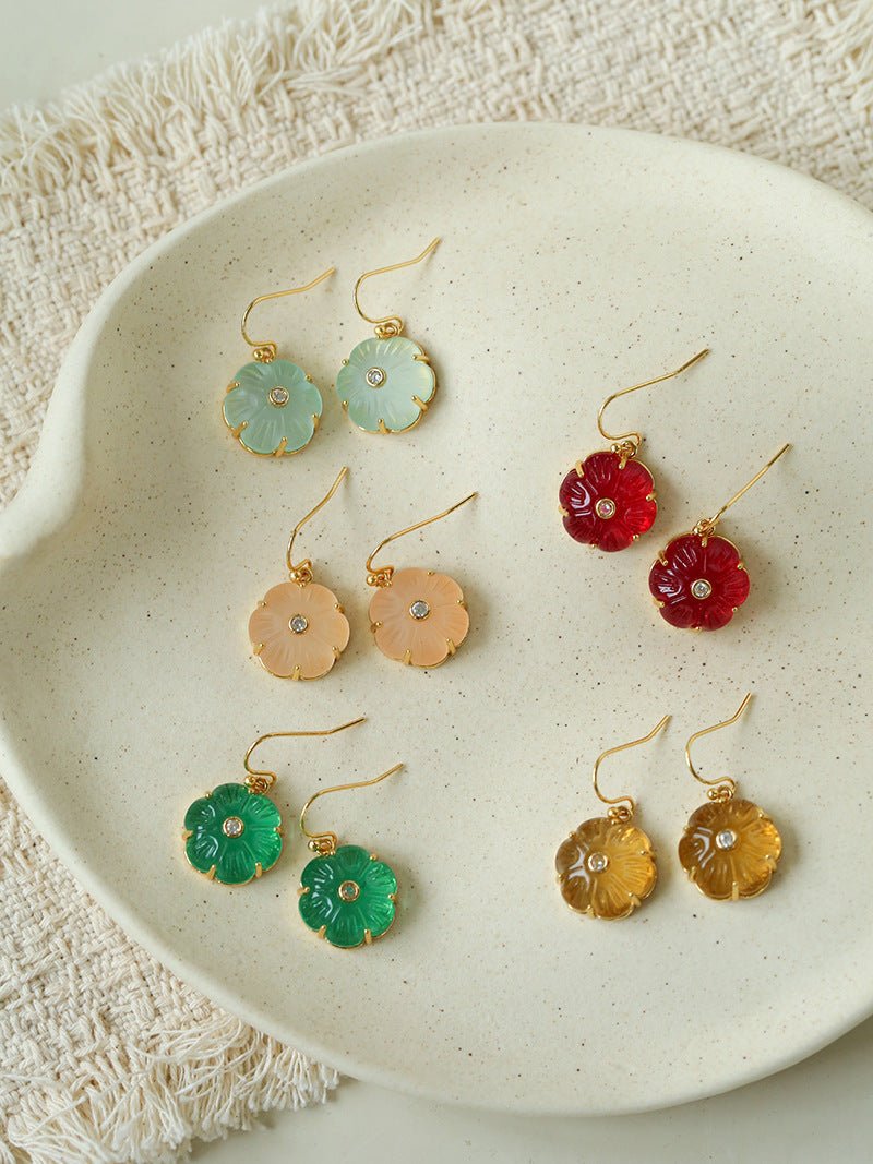 Hand - Carved Glass Flower Drop Earrings - floysun