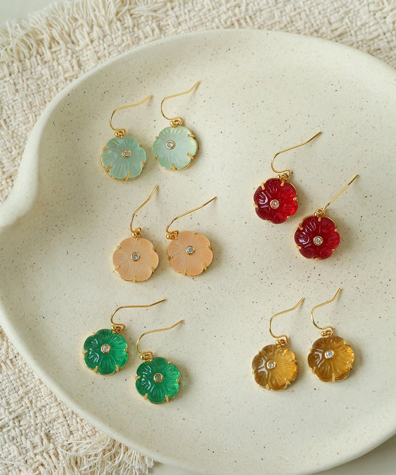 Hand - Carved Glass Flower Drop Earrings - floysun