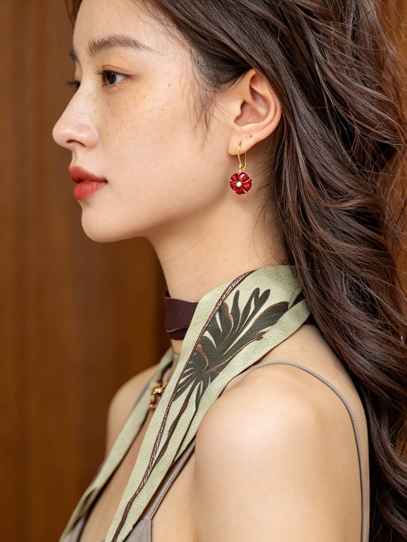 Hand - Carved Glass Flower Drop Earrings - floysun
