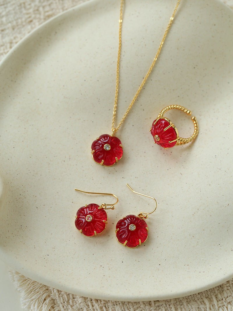 Hand - Carved Glass Flower Drop Earrings - floysun