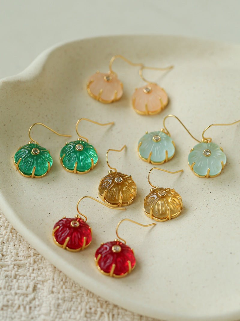 Hand - Carved Glass Flower Drop Earrings - floysun