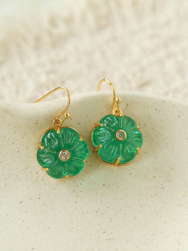 Hand - Carved Glass Flower Drop Earrings - floysun