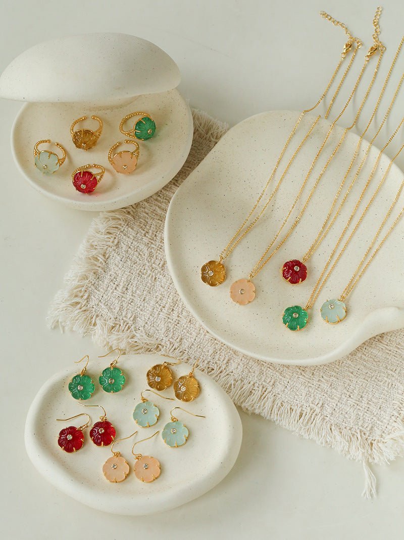 Hand - Carved Glass Flower Drop Earrings - floysun