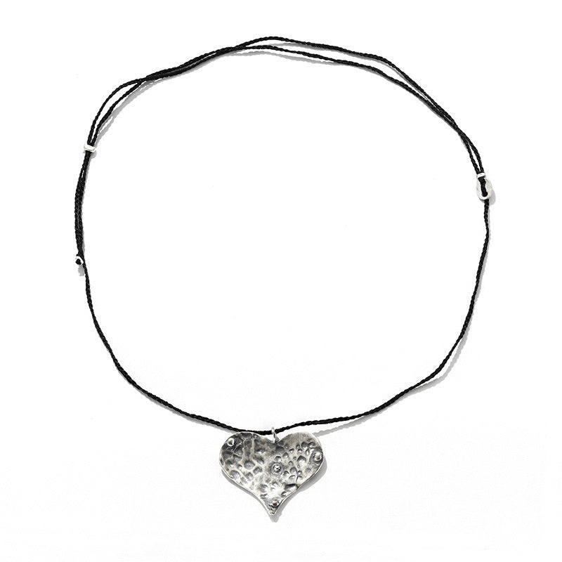 Hand-Hammered Large Heart Cord Necklace | Vintage Silver Sweater Chain - floysun