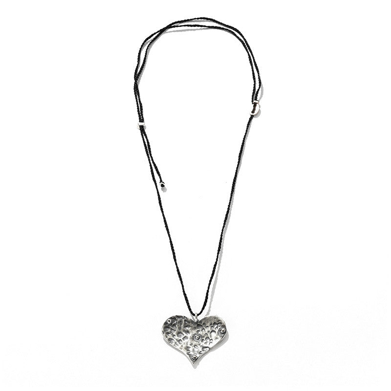 Hand-Hammered Large Heart Cord Necklace | Vintage Silver Sweater Chain - floysun