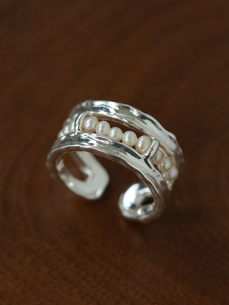 Hand Hammered Textured Inlaid Pearl Glass Adjustable Open Ring - floysun