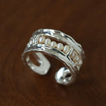 Hand Hammered Textured Inlaid Pearl Glass Adjustable Open Ring - floysun