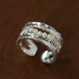 Hand Hammered Textured Inlaid Pearl Glass Adjustable Open Ring - floysun