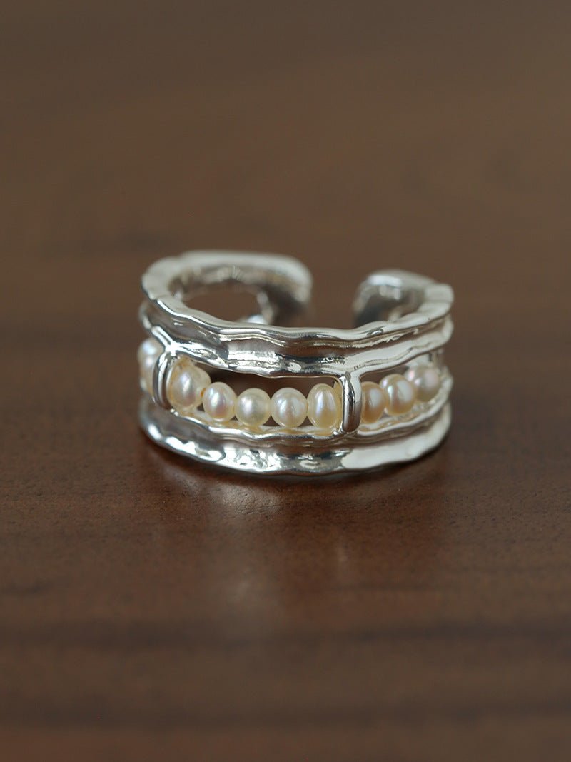 Hand Hammered Textured Inlaid Pearl Glass Adjustable Open Ring - floysun