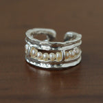 Hand Hammered Textured Inlaid Pearl Glass Adjustable Open Ring - floysun