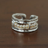 Hand Hammered Textured Inlaid Pearl Glass Adjustable Open Ring - floysun